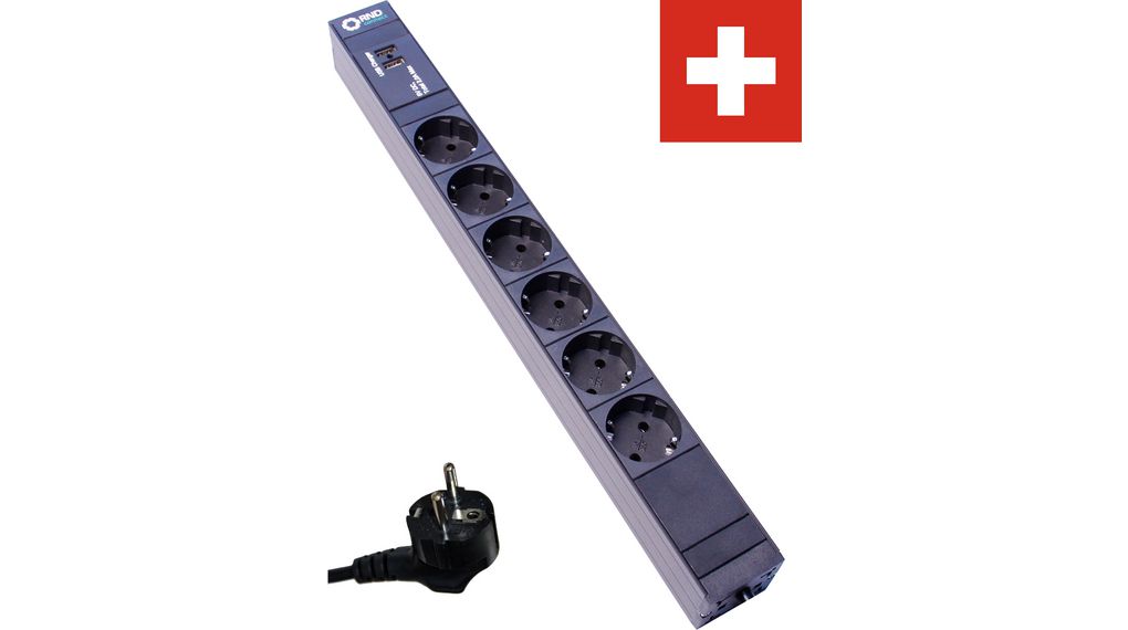 PDU kimeneti szalagkábel USB töltővel 6x DE F típusú (CEE 7/3) aljzat - DE F típusú (CEE 7/4) dugó Fekete 3m