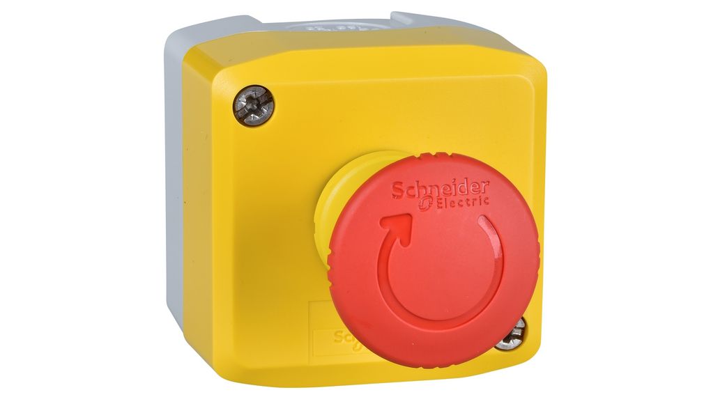 Vészleállító kapcsoló, piros/sárga/szürke ház, Ø22mm, 600V, 1NO + 1NC