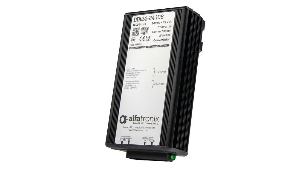 Alfatronix Ltd -25 °C Min Temp DDI Isolated Chassis Mount DC/DC Converters, 24 V dc/, 24V Input4.5 A, 24V Input, Clip,, 24 ... 24V, 24V, 4.5A, 108W