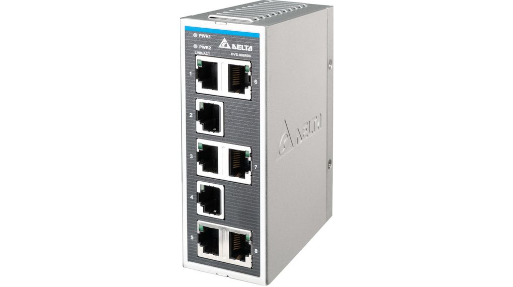 Delta Electronics DVS Series DIN Rail, Wall Industrial Ethernet Switch, 8 RJ45 Ports, 1000Mbit/s Transmission, 12