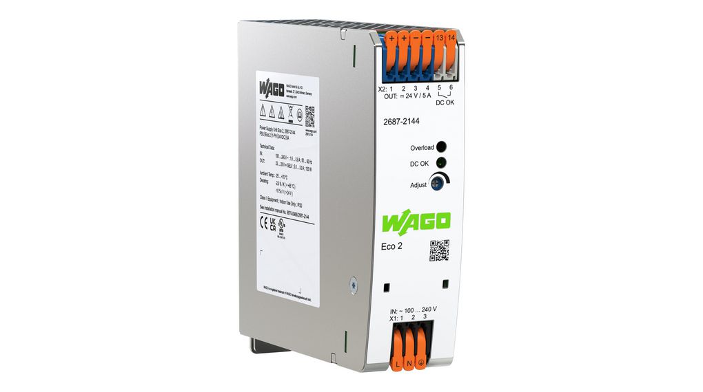 WAGO Switched Mode DIN Rail Power Supply, 90 → 264V, 24V dc, 5A Output, 120W