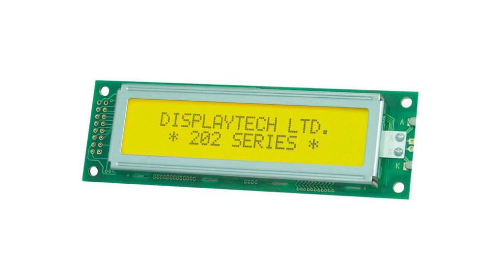 Displaytech 202A-BC-BC Alphanumeric LCD Display, Yellow on Green, 2 Rows by 20 Characters, Transflective