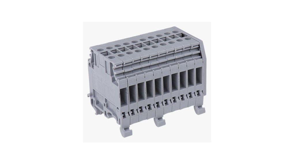 Distribution Block, 10 Way, 4mm², 32A, 800 V, Grey