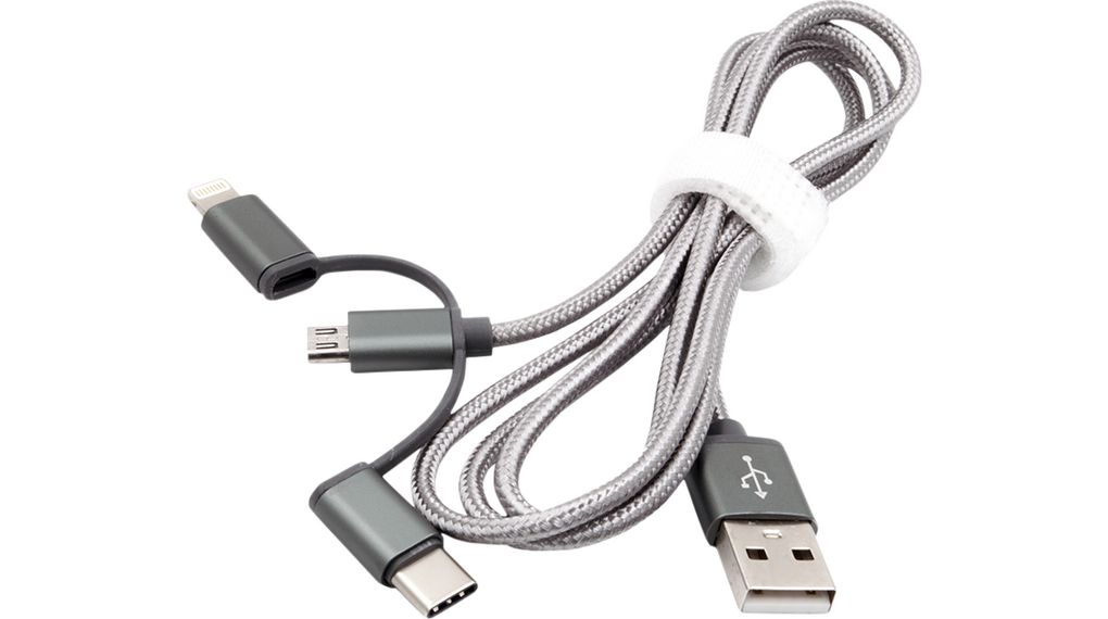 Cable, Zástrčka USB A - Zástrčka USB Micro-B / Apple Lightning / Zástrčka USB C, 1m, USB 2.0, Stříbrná
