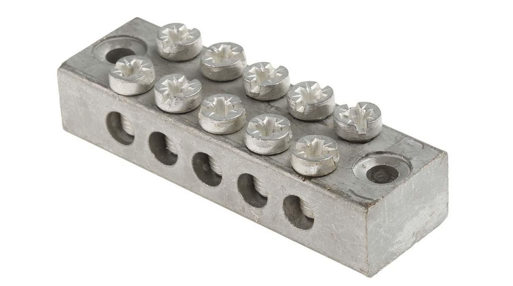 5-Way Double Screw Earth Terminal Block, 0 to 16mm², 0 → 16 AWG Wire, Screw Down, Brass Housing Poler, Paket med 5 delar