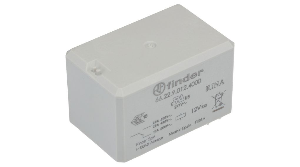 Finder PCB Mount Power Relay, 12V Coil, 30A Switching Current, DPDT