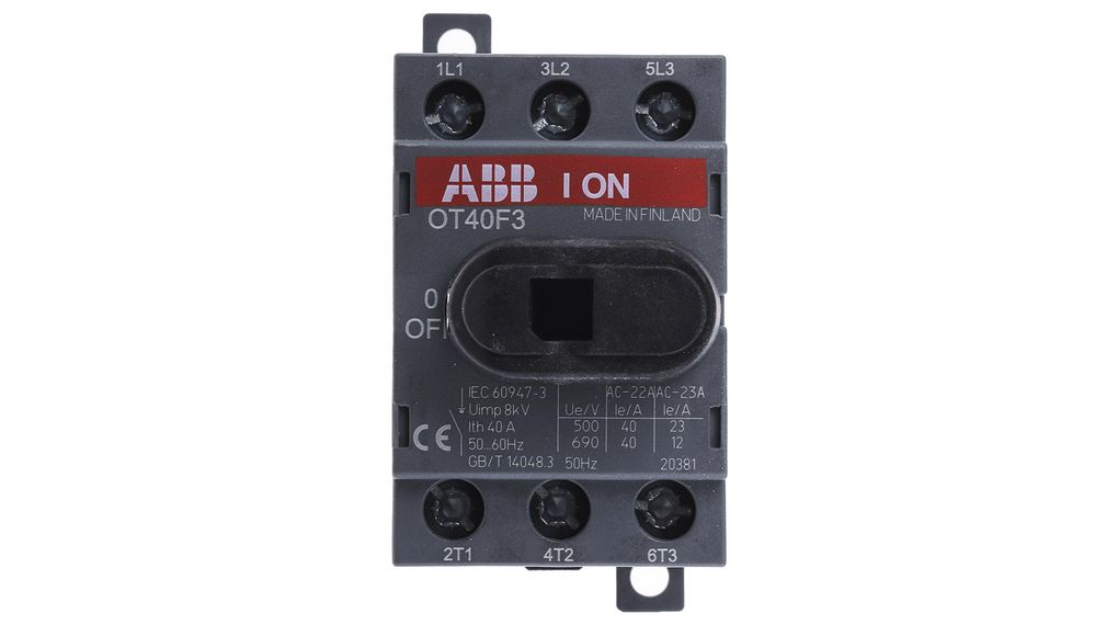 ABB 3P Pole DIN Rail Non Fused Isolator Switch - 40A Maximum Current, 11kW Power Rating, IP20 DIN Rail Mount