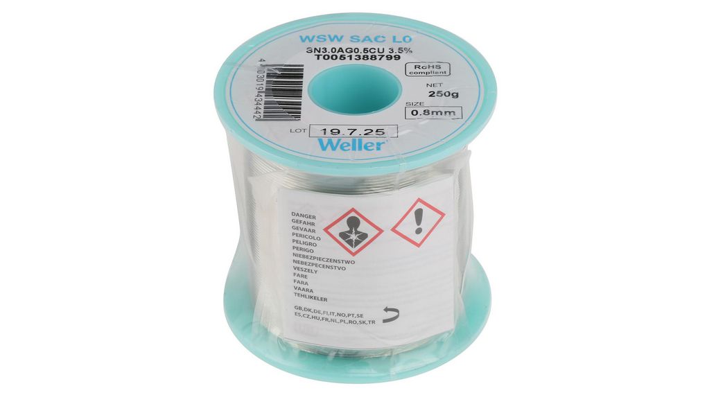 Weller Wire, 0.8mm Lead Free Solder, 217°C Melting Point