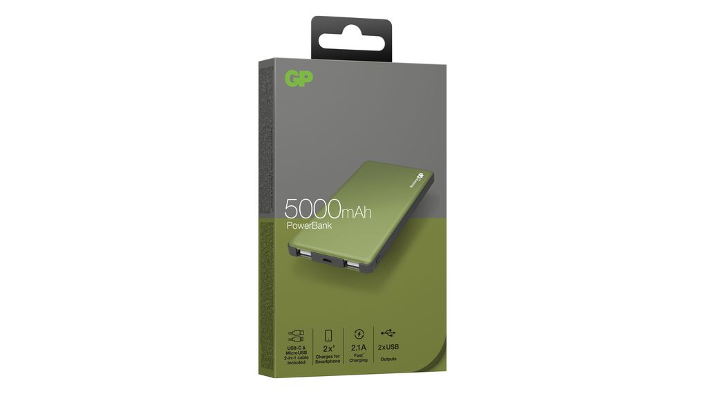 Powerbank, Li-Po, 5Ah, USB A-stiksokkel, Grøn