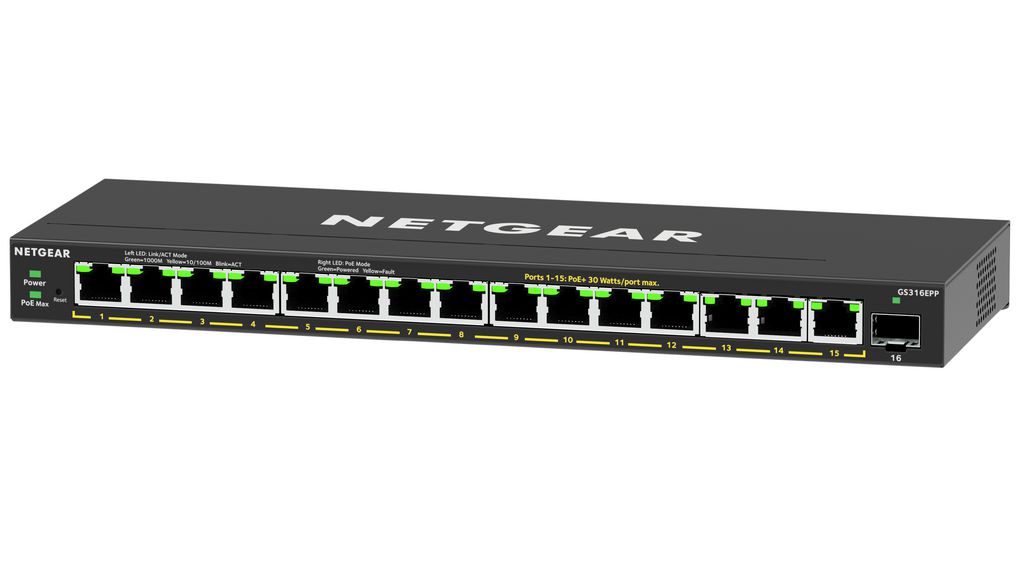 GS316EPP-100PES | Netgear PoE Switch, Unmanaged, 1Gbps, 231W, RJ45