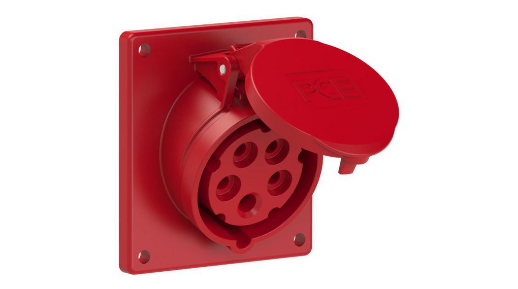 CEE Socket, Red, 5P, Panel Mount, 4mm², 16A, IP44, 400V