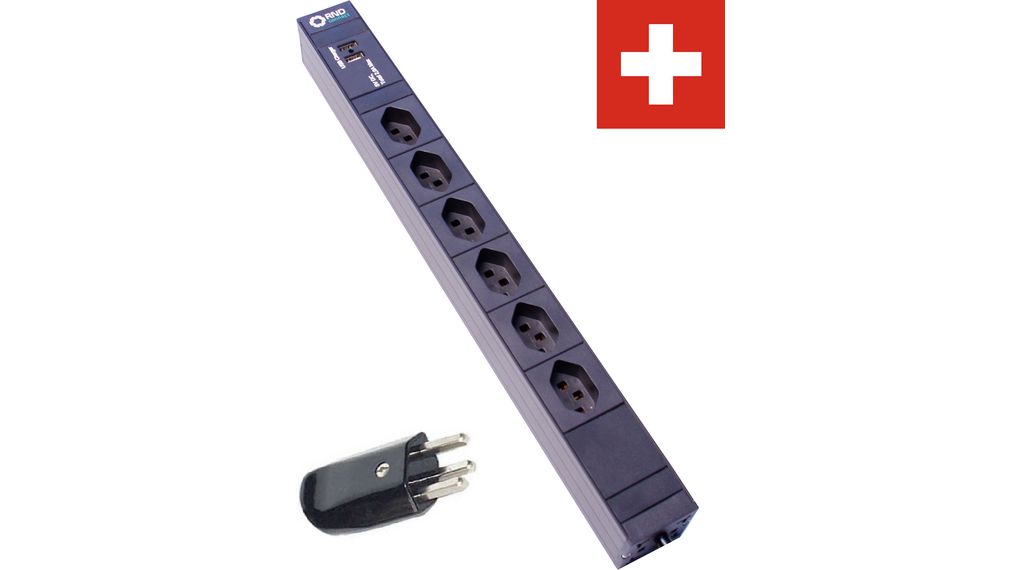 PDU kimeneti szalagkábel USB töltővel 6x CH J típusú (T23) aljzat - CH J típusú (T23) dugó Fekete 3m