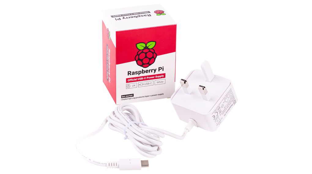 Raspberry Pi - laturi, 5V, 3A, USB Type-C, UK-pistoke, valkoinen