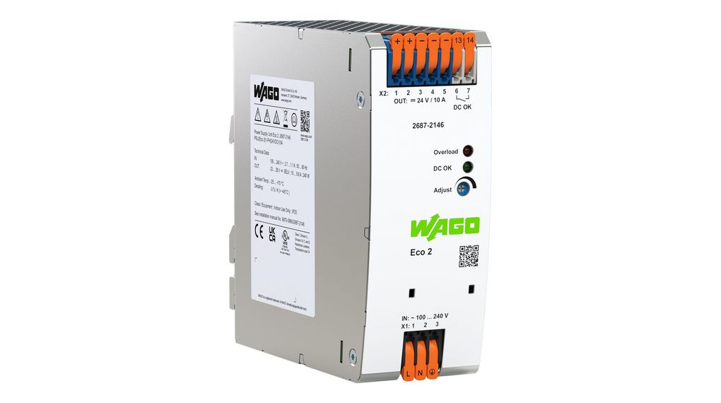 WAGO DIN Rail Power Supply, 90 → 264V, 24V dc, 10A Output, 240W