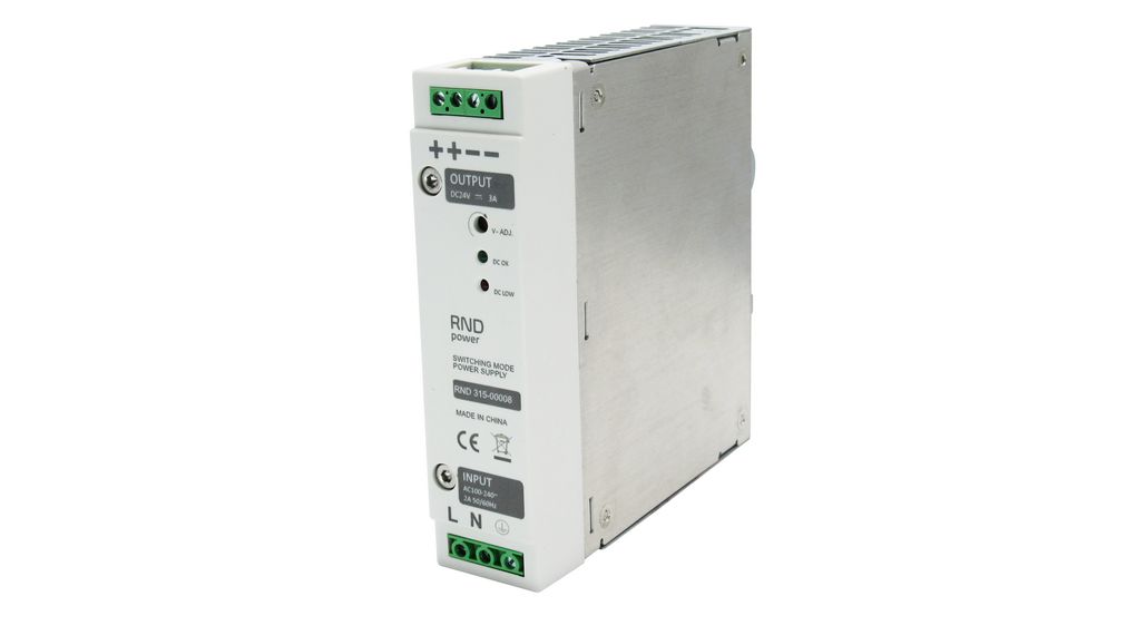 AC/DC DIN Rail Mounted Power Supply, 86%, 24V, 3A, 70W, Adjustable
