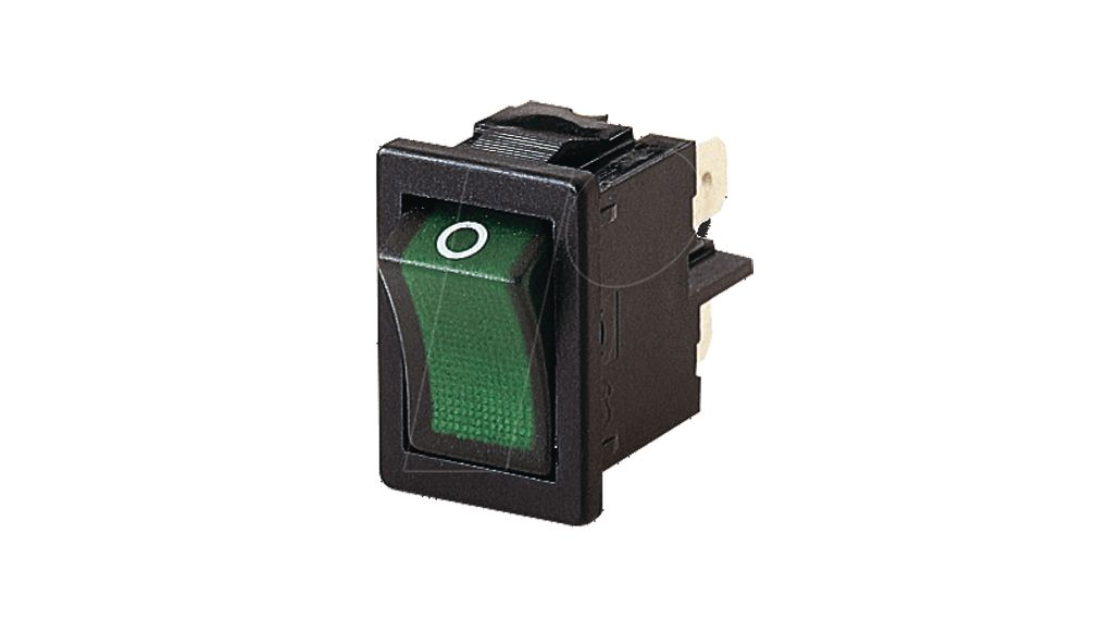 Rocker Switch, 4 A, 2NO, 250V, ON-OFF, IP40, Black / Green