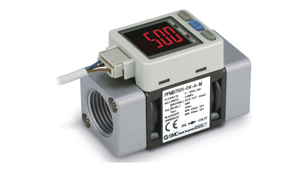 Flow Sensor Air / Nitrogen 500L/min 8bar 1% 24V G1/2" Cable with Plug, 2 m IP40