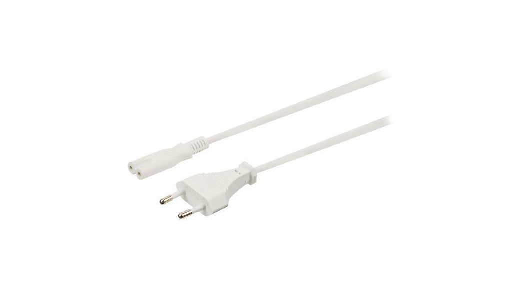 AC-kabel, Euro type C- kontakt (CEE 7/16) - IEC 60320 C7, 3m, Hvit