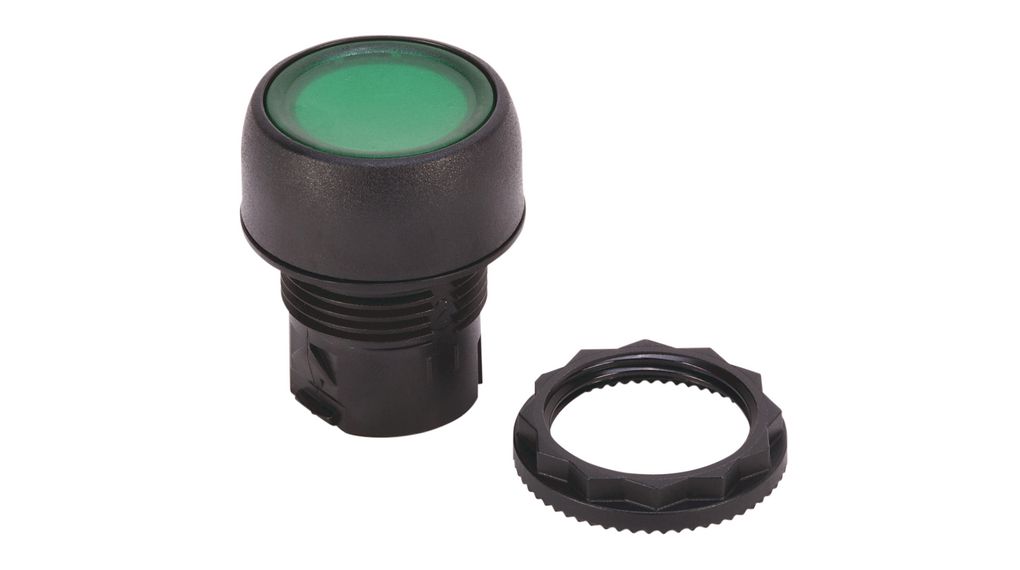 Bouton poussoir vert champignon avec plaque métallique