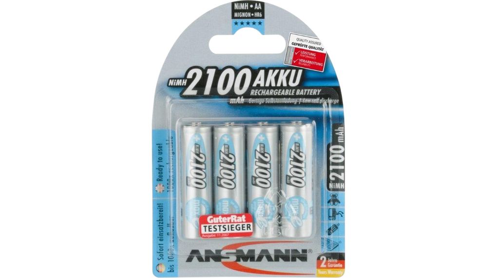 Rechargeable Battery, Ni-MH, AA, 1.2V, 2.1Ah, Pack of 4 pieces
