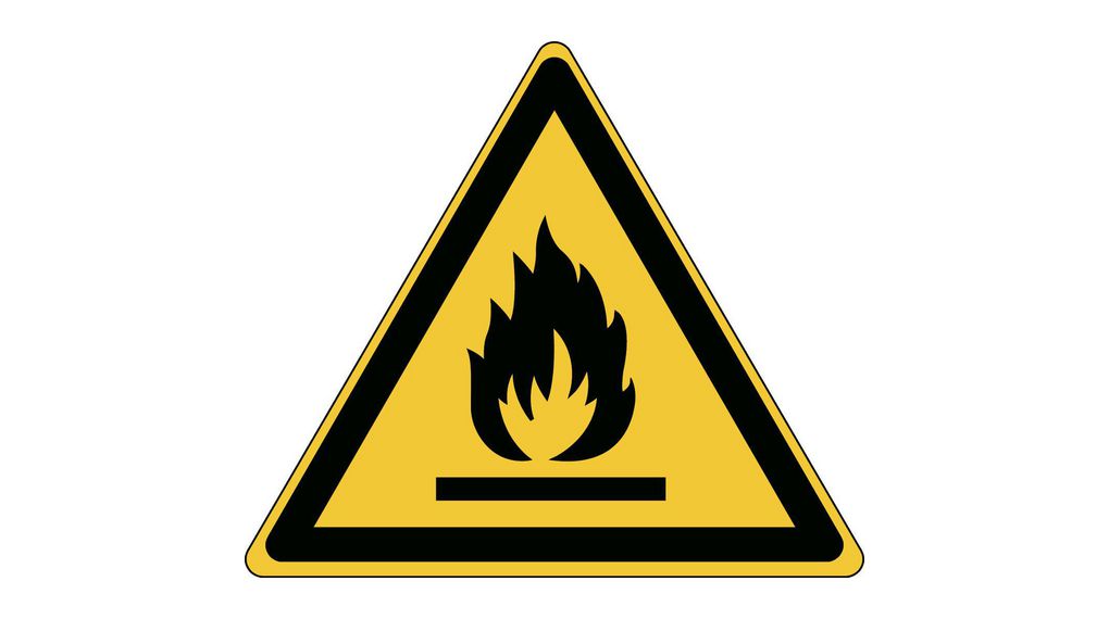 ISO Safety Sign - Warning, Flammable Materials, Triangular, Black on Yellow, Polyvinyl Chloride (PVC), Warning, 54pcs