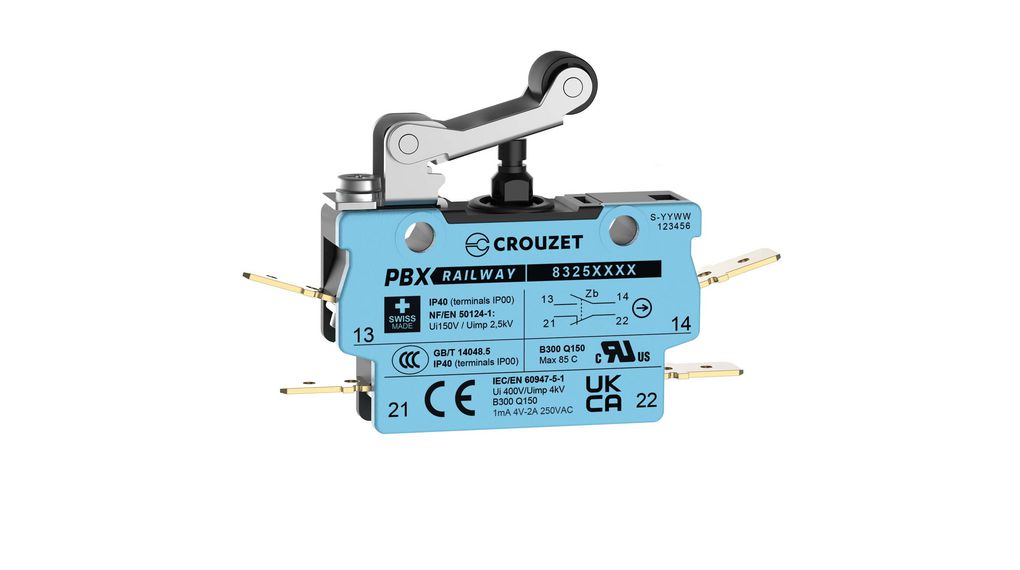 Micro Switch, 2A, 600mA, 1CO, 3.6N, Roller Lever, IP40, Quick Connect Terminal, 6.3 x 0.8 mm