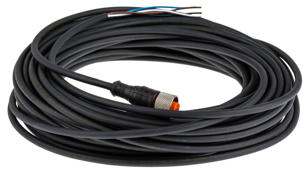 Cordset, M12 Socket - Bare End, 4 Conductors, 15m, IP65 / IP67 / IP68, Black