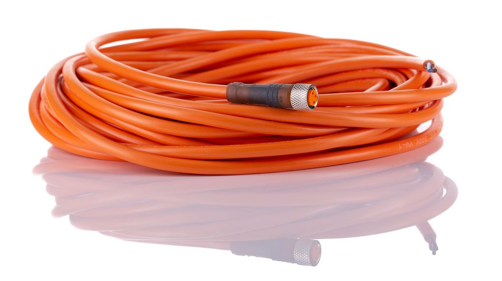 Cordset, M8 Socket - Bare End, 3 Conductors, 10m, IP65 / IP67, Orange