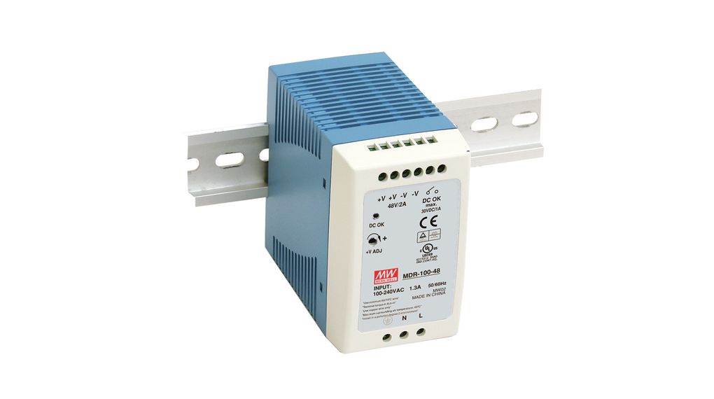 MDR-100-24  MEAN WELL DIN Rail Power Supply, 86%, 24V, 4A, 96W