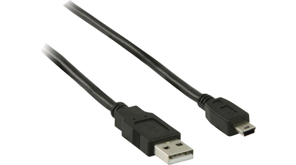Cable, USB A-stik - USB Mini-B 5-benet stik, 1m, USB 2.0, Sort