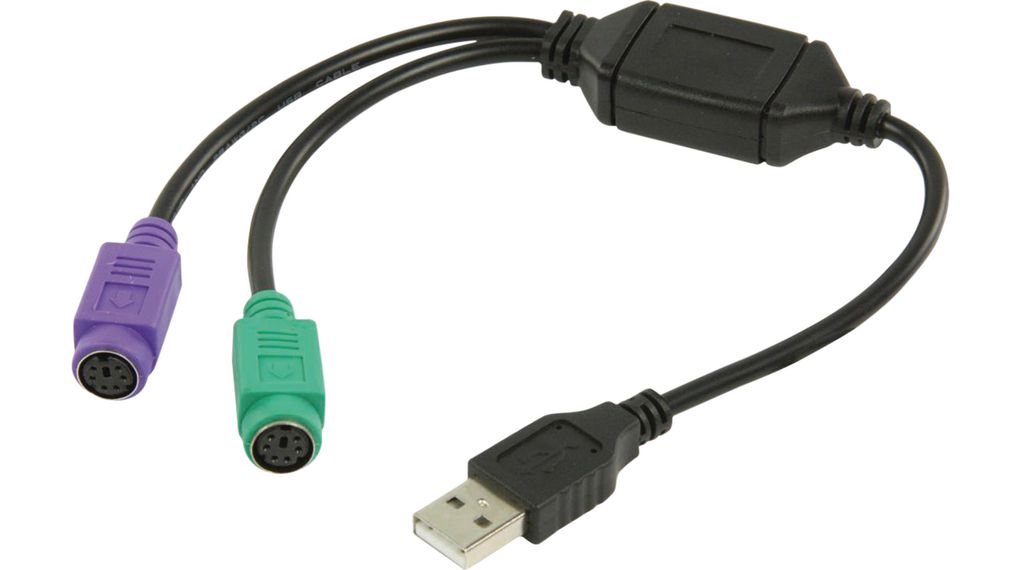 Cable, USB-A Plug - 2x PS/2 Socket, 300mm, USB 2.0, Black