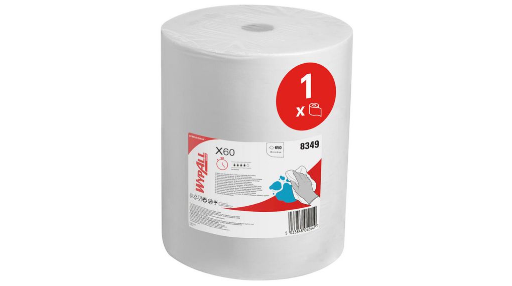 WYPALL X60 General Clean Multi-task Cleaning Cloths 8349 White Wipes for General Cleaning, Dry Use, Roll of 650, 385 x