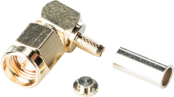 Connector, SMA, Brass, Plug, Right Angle, 50Ohm, Cable Mount, Solder Terminal, Crimp Terminal