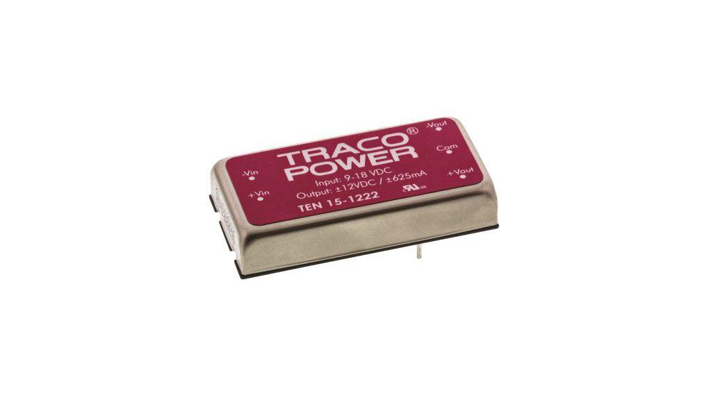 TRACOPOWER TEN 15 DC-DC Converter, ±12V dc/ ±625mA Output, 9 ... 18 V dc Input, 15W, Through Hole, +85°C Max Temp -40°C Min Temp