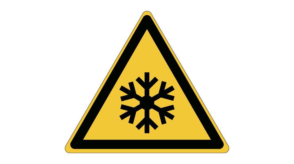 Znak bezpieczeństwa ISO - ostrzeżenie, niska temperatura/warunki zamrażania, Triangular, Czarny na żółtym, Poliester, Ostrzeżenie, 1szt.