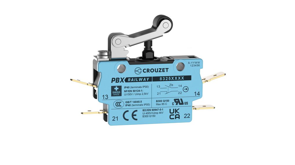 Micro Switch, 2A, 1CO, 3.6N, Roller Lever, IP40, Quick Connect Terminal, 6.3 x 0.8 mm