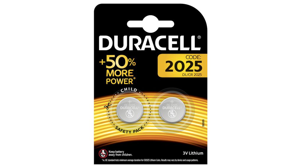 Button Cell Battery, Lithium, CR2025, 3V, 150mAh, Pack of 2 pieces