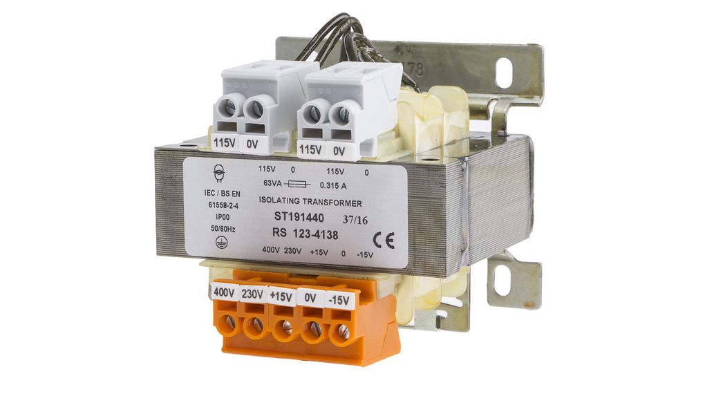 Trasnformer Rails 1234138 | RS PRO 63VA DIN Rail Transformer, 230 → 400V ac Primary, 115V ...