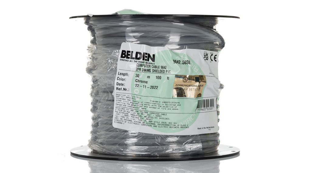 9842 Series Data Cable, 2 Pairs, 4 Cores, 0.25 mm², Screened, 24 AWG, 30m, Aluminium Foil-PET Tape, Tinnedx2x0.25mm² Argent