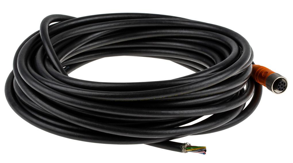 Ledningssett, M12-sokkel - Bare ender, 8 Ledere, 10m, IP65 / IP67, Svart