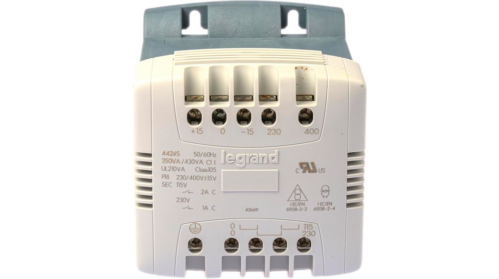 Legrand 250VA DIN Rail Transformer, 215V ac, 230V ac, 245V ac, 385V ac, 400V ac, 415V ac Primary, 115V ac Secondary
