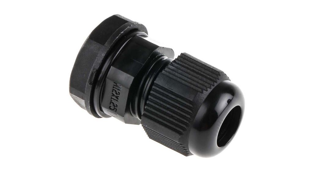 Black Nylon Cable Gland, M12 Thread, 3mm min., 6.5mm max., IP68, M12