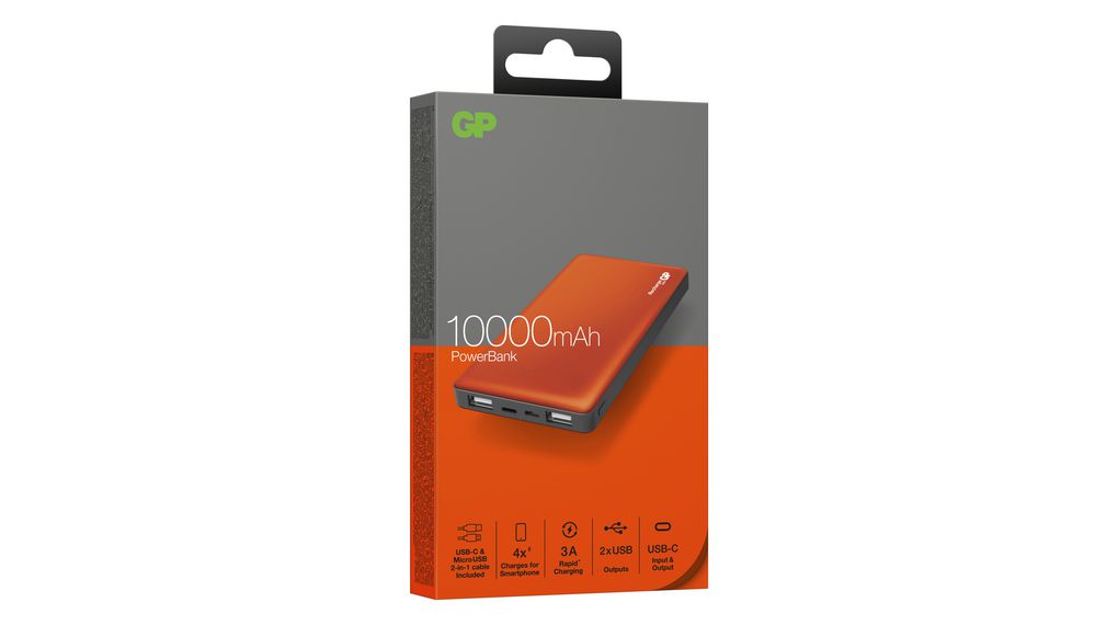 Powerbank, Li-Po, 10Ah, USB C-aansluiting / USB A-aansluiting, Oranje