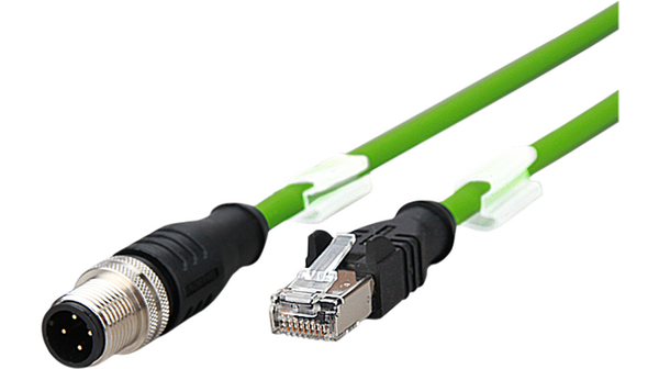Cordset, M12 Plug - RJ45 Plug, 4 Conductors, 1m, IP20 / IP67, Green
