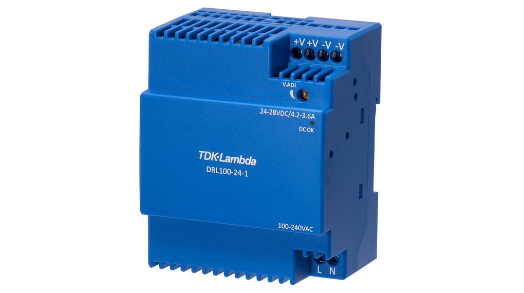 TDK-Lambda DRL-100 Switched Mode DIN Rail Power Supply, 85 → 264V ac ac Input, 24V dc dc Output, 4.2A Output,