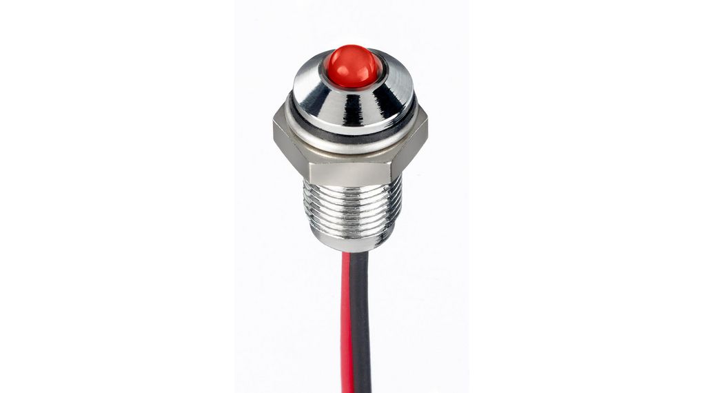 Red Panel Mount Indicator, 1.8 → 3.3V dc, 6mm Mounting Hole Size, Lead Wires Termination, IP67