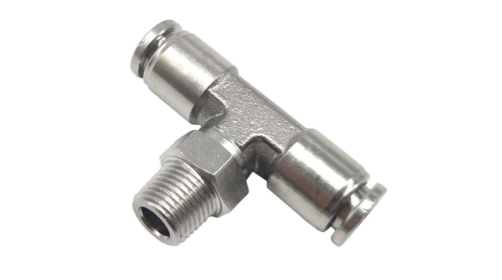 T-Fitting, Stainless Steel, 44mm, R3/8", Male Thread - Ø8 mm, Push-In Connector