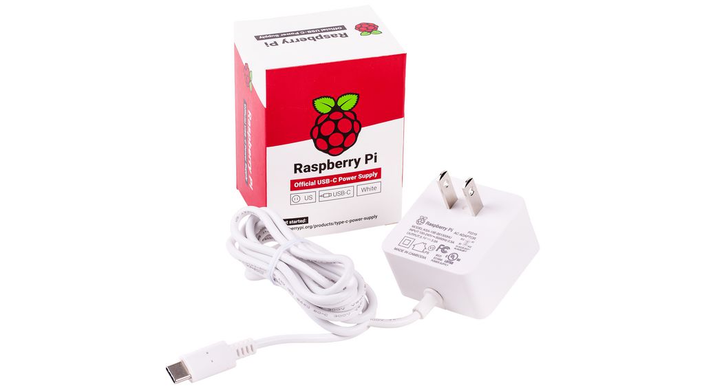 Raspberry Pi - nabíječka, 5 V, 3 A, USB typu C, zástrčka US, bílá