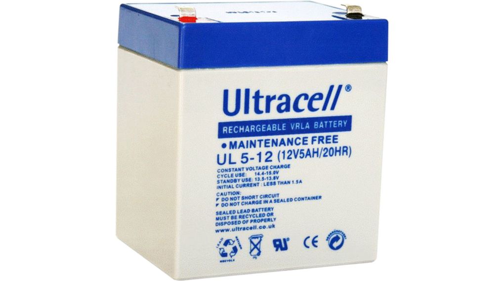 UL5-12, Ultracell Batteria ricaricabile, Piombo-acido, 12V, 5Ah, Terminale  piatto, 4.8 /6.3 mm