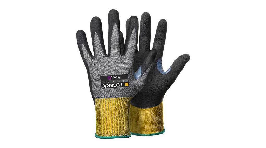 Tegera TEGERA Black, Yellow CRF Technology, Glass Fibre Thread, HPPE, Nylon, Spandex Cut Resistant Work Gloves, Size 7,, 6 ST